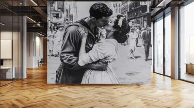 The Kissing Sailor. A black and white photograph of the famous 'Kiss'. A sailor in uniform kisses a woman on a busy street after World War II, people walking in the background. Wall mural