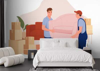 Transport and delivery company services. Two professional relocation service workers move the chair in the flat. Wall mural