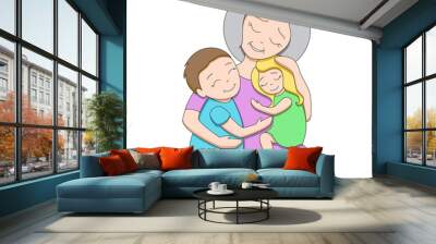 Loving grey-haired grandmother with two cute happy grandchildren, teenage boy and little girl, hugging each other, pastel palette, isolated on white background, editable strokes, vector illustration Wall mural