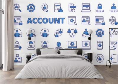 Account icons in line design, blue. User, login, password, username, social, verification, sign up, sign in, registration, users isolated on white background vector. Account editable stroke icons. Wall mural