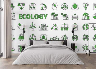 Ecology icons in line design green. Environment, green, sustainability, ecosystem, eco friendly, earth, green energy, environment isolated on white background vector. Ecology editable stroke icon. Wall mural