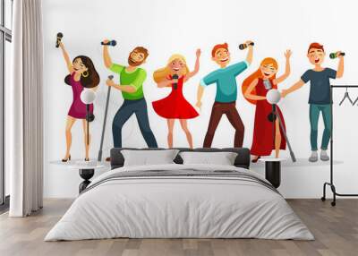 Group of young people singing and dancing with microphones vector illustration in flat design. People collection isolated on white background. Youth in karaoke have fun. Wall mural