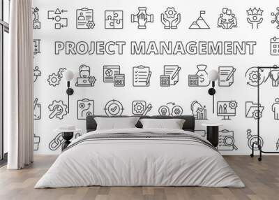 Project management icons in line design. Business, work, office, analysis, plan, development, digital, chart, process isolated on white background vector. Project management editable stroke icon. Wall mural