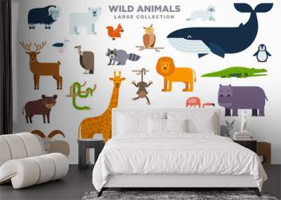 the large set of wild animals in flat design isolated on white background. elephant, lion, whale, gi Wall mural