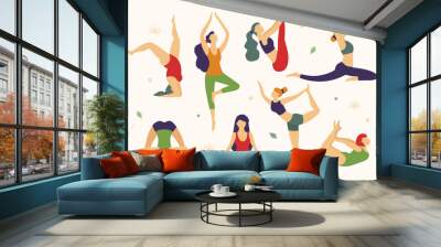 women are doing yoga in different poses vector flat illustration isolated on white background. yoga  Wall mural