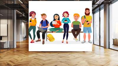 Young people gather together with gadgets. Youth spending time, walking, working and smiling. Men and women in casual style vector flat illustration with bright colours, isolated on white background. Wall mural