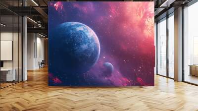 Blue and Pink Planet with Two Suns in Deep Space Wall mural