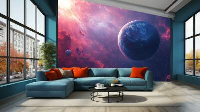 Blue and Pink Planet with Two Suns in Deep Space Wall mural