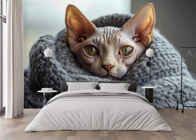 Cozy sphynx cat wrapped in a warm knit blanket by the window Wall mural