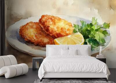 Crispy Austrian schnitzel with lemon and greens on a plate Wall mural