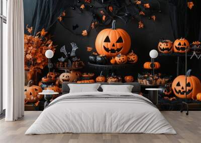 Festive Halloween Party Table with Pumpkin and Treats Wall mural