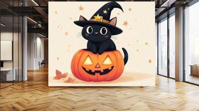 Halloween black cat with pumpkin and witch hat Wall mural