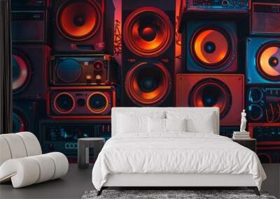 Neon Glow Retro Speakers Vintage Brick Wall Vibe Wall mural