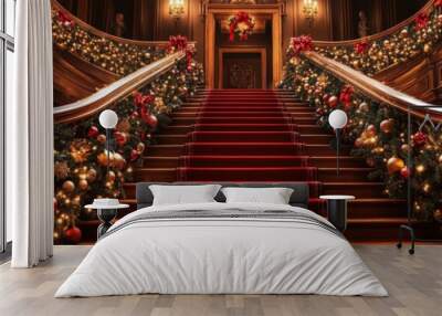 Opulent Grand Christmas Staircase with Elegant Holiday Decorations Wall mural