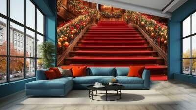 Opulent Grand Christmas Staircase with Elegant Holiday Decorations Wall mural