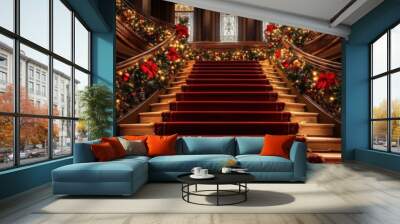 Opulent Grand Christmas Staircase with Elegant Holiday Decorations Wall mural