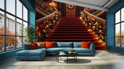 Opulent Grand Christmas Staircase with Elegant Holiday Decorations Wall mural