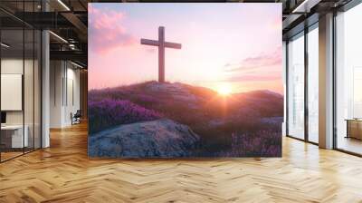 Serene Sunrise Over Mountain Cross Wall mural