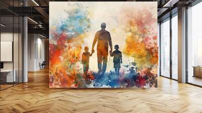 Silhouette of Father and child in Vibrant Watercolor Wall mural