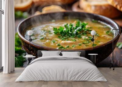 Steaming Chicken Broth with Fresh Parsley on Rustic Table Wall mural