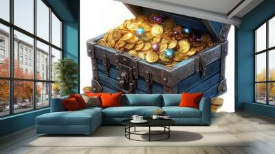 Treasure chest filled with gold coins and gems Wall mural