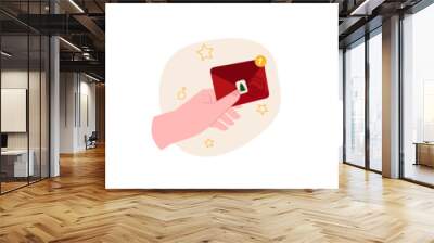 Christmas message vector illustration concept. New year mailing or banner. Female hands with red envelope, flowers, branches and sweets. Winter holiday icon template Wall mural