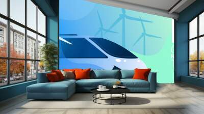 Green Hydrogen train vector illustration concept. Alternative energy and fuel source. Wind turbine, text H2 and passenger train. Abstract background for website banner, advertising campaign Wall mural