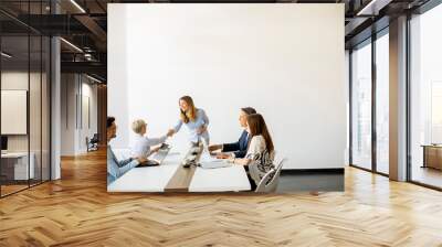 Group of business people with young adults and senior woman colleague on meeting at modern bright office interior Wall mural