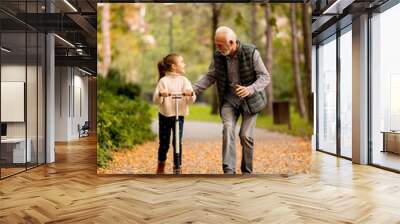 Senior man teaching his granddaughter how to ride kick scooter in park Wall mural