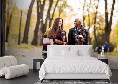 Two young pretty multiracial girlfriends at autumn day Wall mural