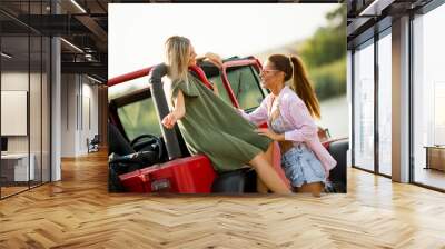 Two young women having fun on hood of a car by the lake Wall mural