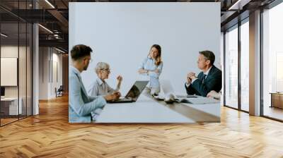 Young business partner explaining project details on a meeting in office Wall mural