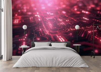 AI-driven global network, steel grey setting, neon pink circuits, illuminated nodes, futuristic and interconnected. Wall mural