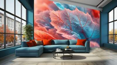 Macro shot capturing intricate patterns in aspen and cedar leaves, with coral and aqua tones. Wall mural