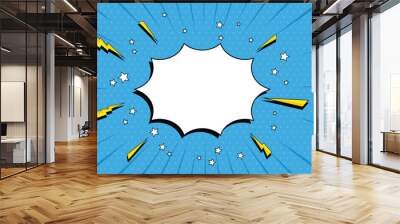 Blank comic cartoon blue background with star and thunder lightning. empty dialog background thunder lightning. Comic background cartoon style Wall mural