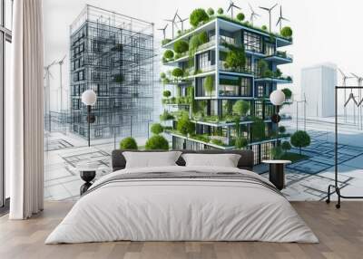 Eco-friendly urban architecture concept showcasing green building engineering with sustainable design, rooftop planting, and modern city planning. Wall mural