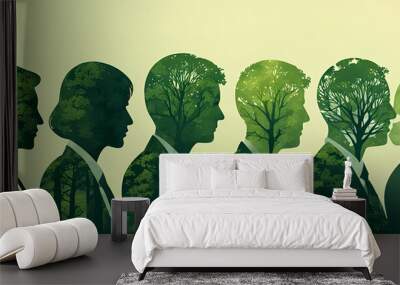 Silhouettes of business professionals blend with tree shadows, symbolizing eco-friendly practices and sustainability in the workplace. Perfect for green business concepts. Wall mural