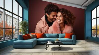 Stylish happy multiracial couple studio portrait Wall mural