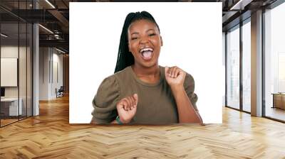 Black woman, excited portrait and fun dancing with casual style, fashion and confidence. Happy, female person and African model smile with fun from Nigeria isolated on transparent, png background Wall mural