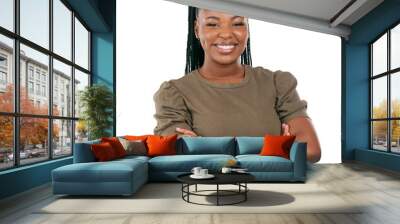 Black woman, portrait and smile with arms crossed with casual style, fashion and confidence. Happy, female person and African model with pride from Nigeria isolated on transparent, png background Wall mural