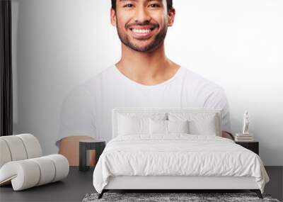 Confidence, portrait and happy man with arms crossed in casual fashion isolated on transparent png background. Relax, calm and face of young male person with smile, pride and model with trendy style. Wall mural