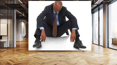 Depression, sitting and sad business black man on floor on png, isolated and transparent background. Bankruptcy, corporate anxiety and male person for mistake, crisis and fail at job, work or career Wall mural