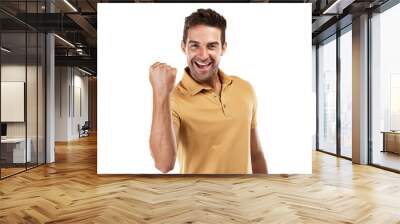 Excited, winning portrait and man with celebration and fist for motivation and success sign. Male person, happy and smile from achievement cheer and winner isolated on a transparent, png background Wall mural