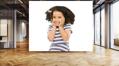 Happy, excited and portrait of girl with smile on isolated, png and transparent background for fun. Summer, fashion and wow face of child with surprise expression for childhood, happiness and style Wall mural