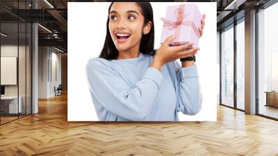 Happy, gift and woman with box and smile on isolated, png and transparent background for event. Excited, package and female person with present, prize and surprise for birthday, party or celebration Wall mural