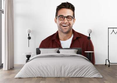 Happy, glasses and funny with portrait of man on png for eye health, optometry and fashion. Nerd, smile and happiness with person isolated on transparent background for prescription, lens and frames Wall mural