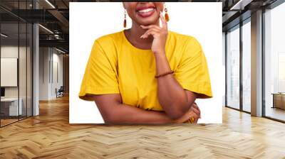 Happy portrait, fashion and black woman with yellow dress, casual apparel outfit and confident in stylish clothes. Smile, culture and real African person isolated on transparent, png background Wall mural