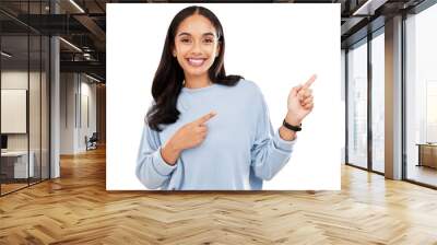 Happy woman, portrait and pointing hands for advertising isolated on a transparent PNG background. Female person or model finger for advertisement show, discount sale or promotion deal and marketing Wall mural