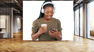 Headphones, black woman and phone for music with coffee and happy from radio. Excited, African female person and listening with audio streaming, smile and tea isolated on transparent, png background Wall mural