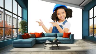 Kids, construction and portrait of little girl pointing isolated on a transparent PNG background. Happy child, architect or contractor smile in advertising architecture or building with safety helmet Wall mural